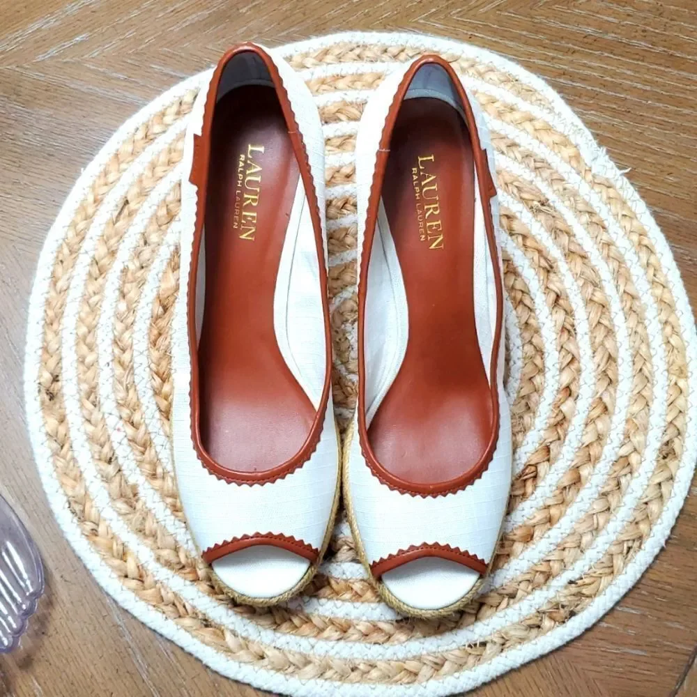 Lauren by Ralph Lauren Nella Espadrille Wedge Sandals White/Tan 9.5B